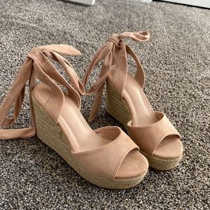 Blush pink wrap around wedge sandals. Size 5.5